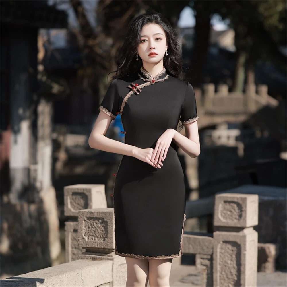 

Black Sweet Cool French Retro Cheongsam Palace Style Improved New Young Girl Side Split Qipao Dress Evening Party Gown Oriental