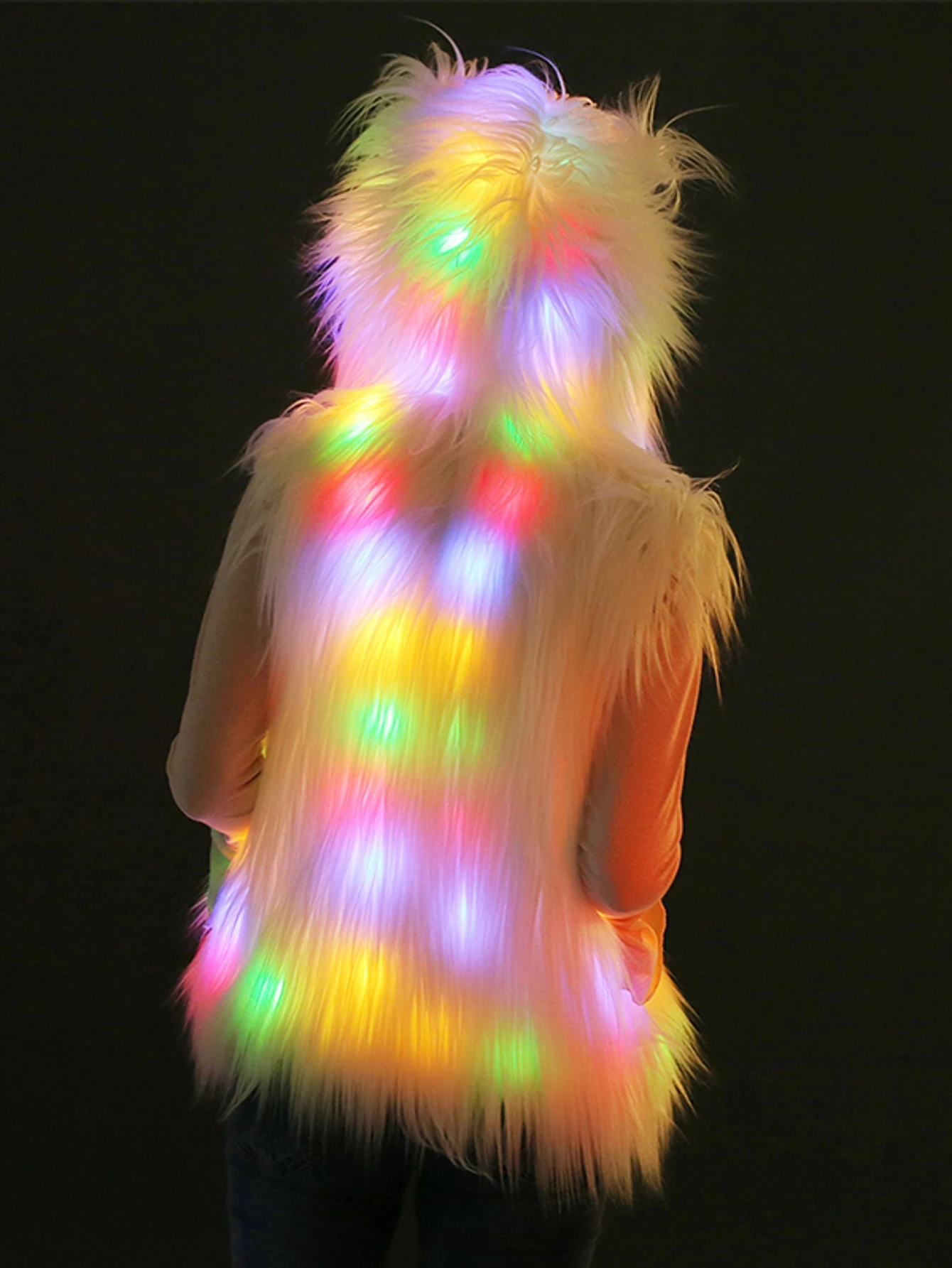 Women's LED Light-Up Hooded Faux Fur Vest with Ear Details - Sleeveless Jacket in Pure White