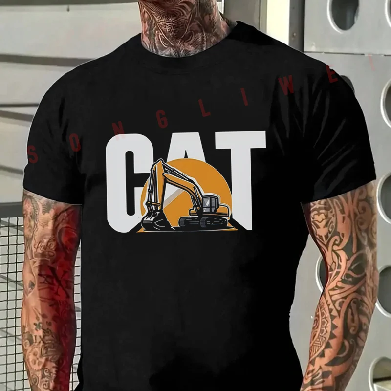 Funny Excavator & Construction Print Motorcycle T-Shirt Men Hip Hop Streetwear Unisex Casual Fashion Short Sleeve Tops