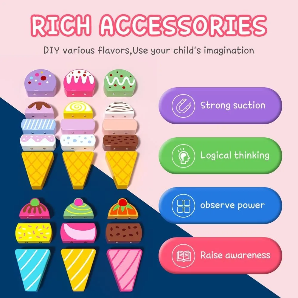 Camion de crème glacée en bois, jouet de crème glacée 27 pièces pour enfants, salon de crème glacée enfants en bois avec roues mobiles et magnétiques
