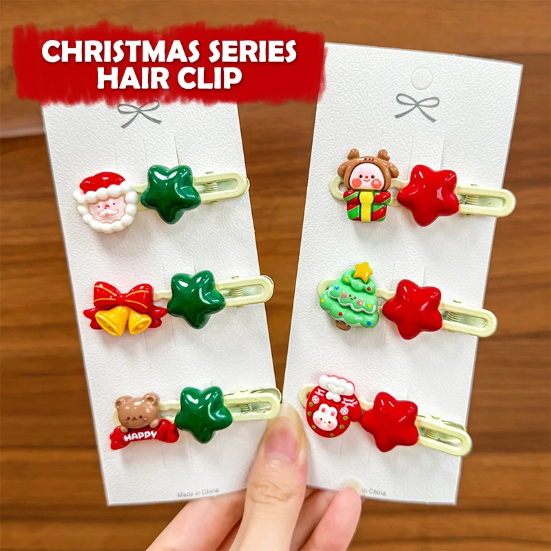 2 buah jepit rambut bintang lima titik Natal untuk wanita gadis kartun Santa Claus pohon Natal jepit rambut pita hadiah Natal