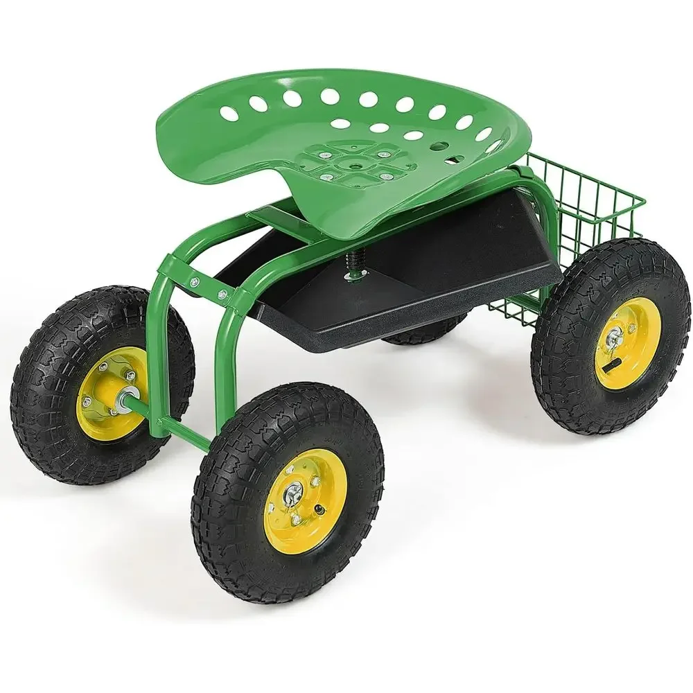 Adjustable Swivel Seat Rolling Garden Cart with Tool Tray, Heavy-Duty Outdoor Scooter for Lawn and Patio