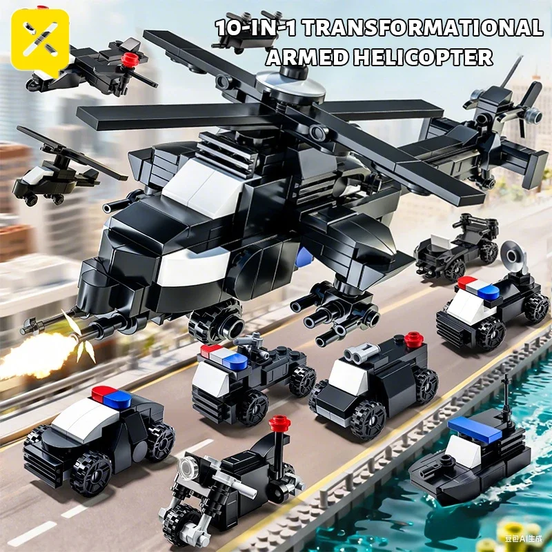 353 Elementy Helikopter Transportowy Klocki Konstrukcyjne 10 w 1 Samolot Wojskowy Myśliwiec Model do Składania Klocki Zabawka DIY dla Dzieci Prezent Świąteczny