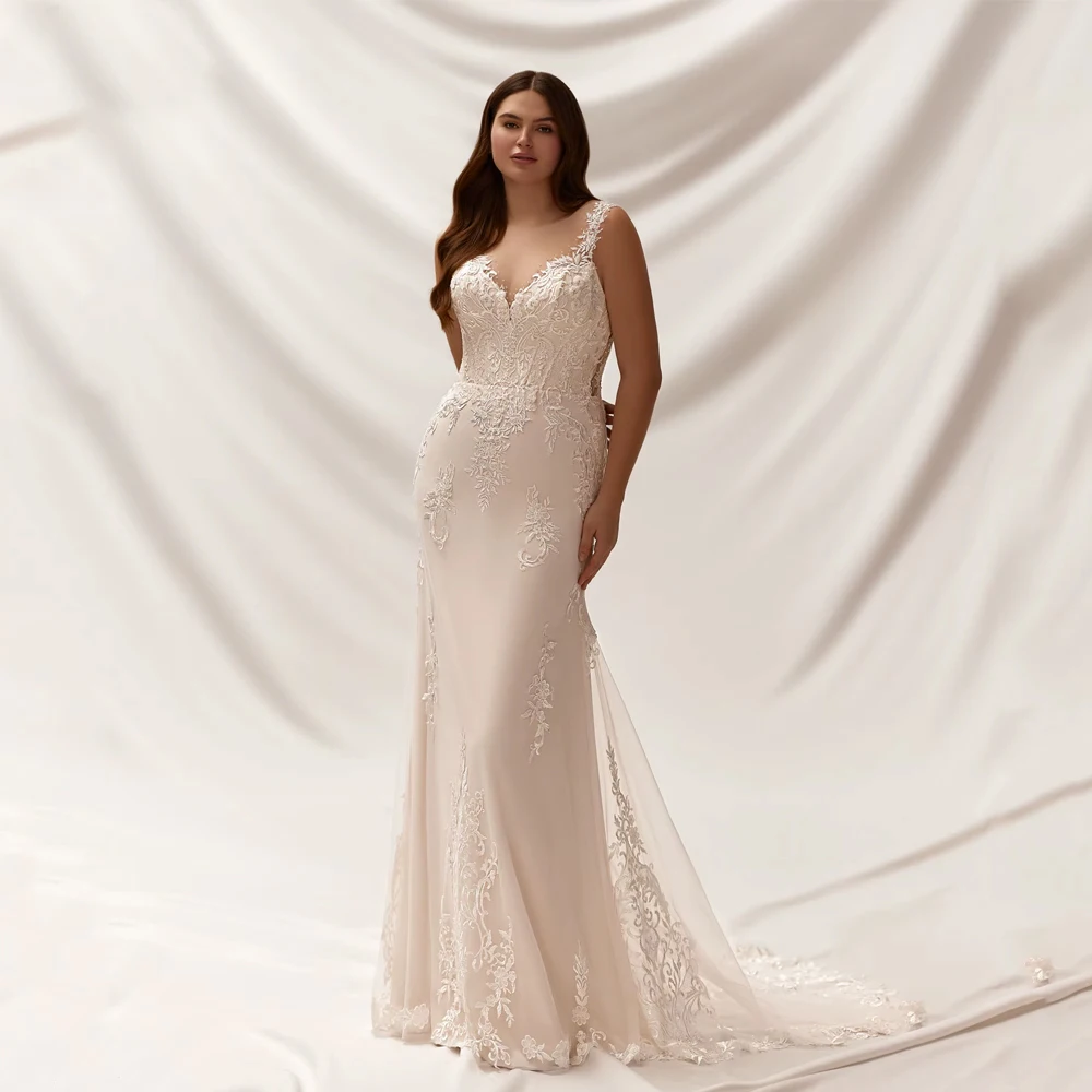 Customized Plus Size Mermaid Wedding Dress Backless Appliques Lace Classic Bride Gowns Sleeveless Vestidos Bridal Gown
