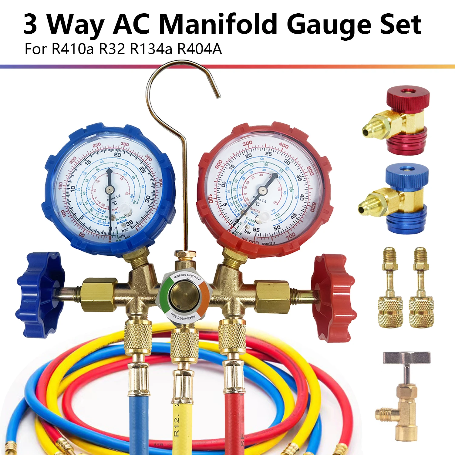R-404A R410a 3 Way AC Diagnostic Manifold Gauge Set for Freon Charging Fits R32 R410a R-134a Refrigeration Manifold Gauge Air