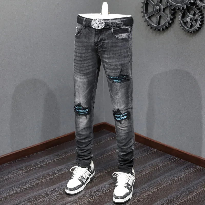 

Designer High Street Fashion New Jeans Washed Nostalgic Stretch Slim Fit Retro Piercing Green Patch Black Jeans Hip Hop Brand De