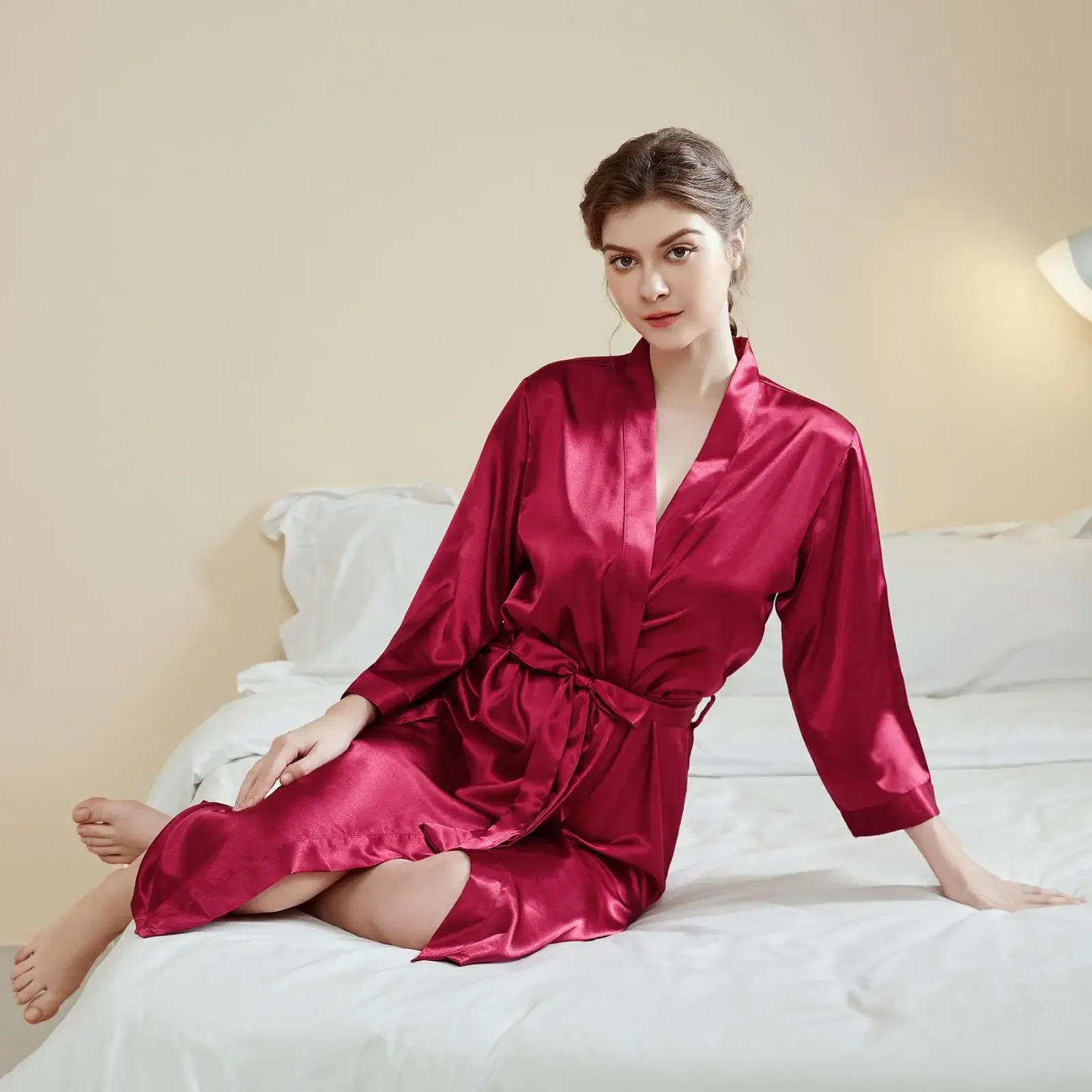 

Satin Home Pajamas Women Spring and Summer Light Luxury Nine-point Sleeve Cool Long Nightgown Bathrobe Home Clothes