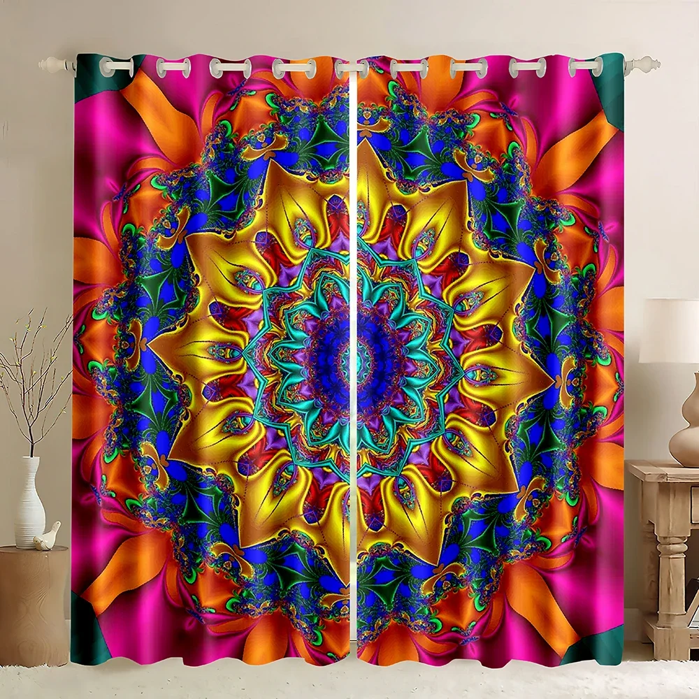 Bohemian Mandala Blackout Curtains,3D Colorful Pattern Print Abstract Texture Mandala Flowers Bohemian Boho Window Curtains