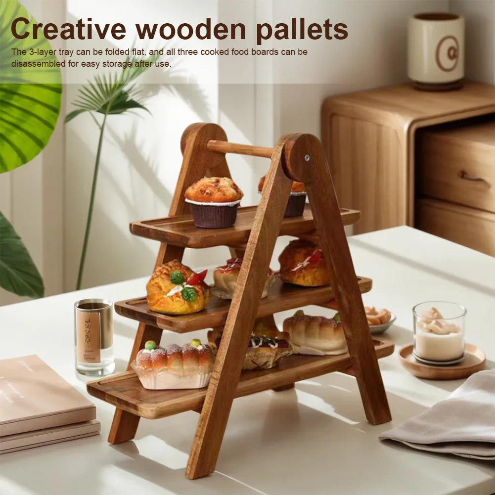 2Pcs Wooden Serving Platter 3 Tier Serving Tray Multi-Function Food Serving Rack Foldable Cupcake Tiered Tray for Wedding Party