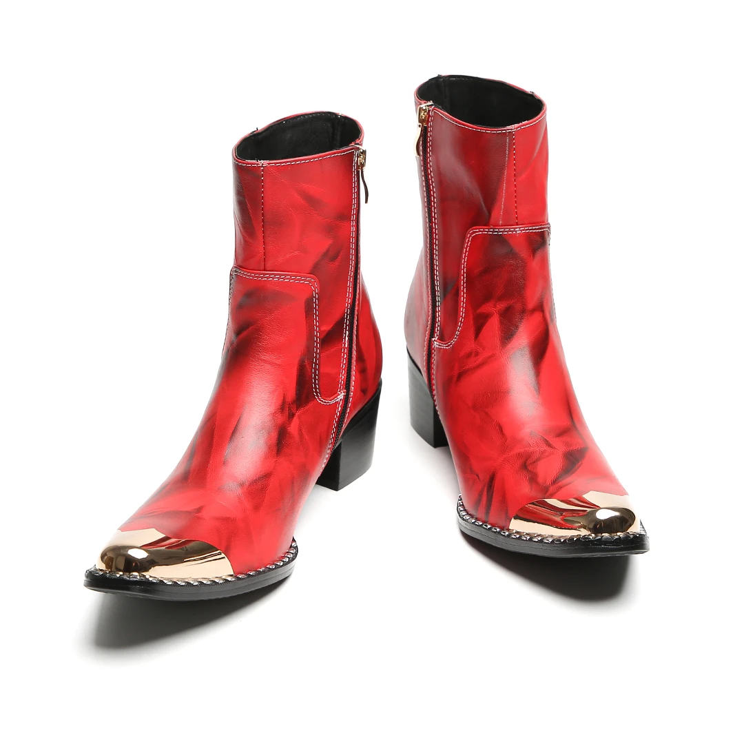 Herbst-Winter-Neue rote bestickte Stiefeletten für Herren, coole Metallkappe mit Nieten, Retro-Muster, seitlicher Reißverschluss, klobiger Absatz, modisch – Detail 9