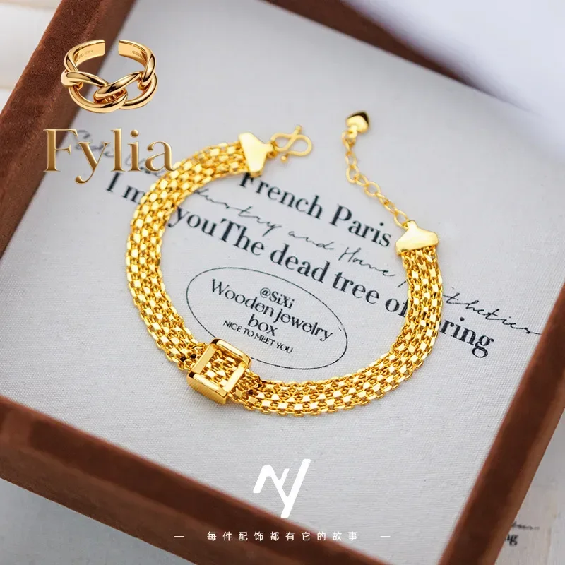 Fylia Jewelry   9999 24K real gold light luxury vintage medium braided gold square strap bracelet women's retro high-end silk sa
