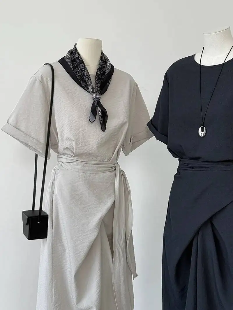 เดรสเสื้อยืดทรงเอ แขนสั้น ผูกไขว้ ช่วงเอวเข้ารูป ใส่สบายสำหรับฤดูร้อน