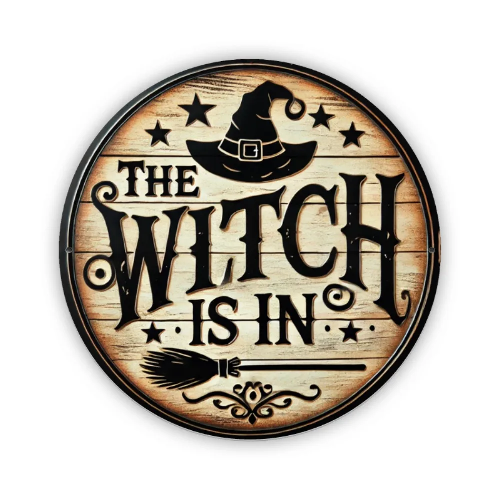 Vintage Retro Halloween “The Witch Is In” Round Metal Tin Sign – 2D Flat Products Design with Enhanced Depth & Artistic Detailin