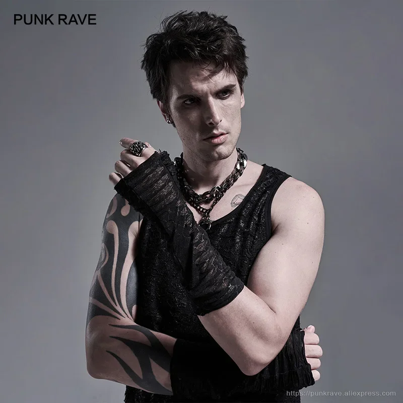 PUNK RAVE Men\'s Gothic Daily Snake-print Hole-breaking Mesh Cloth Gloves Fashion Novelty Soft Fingerless Black