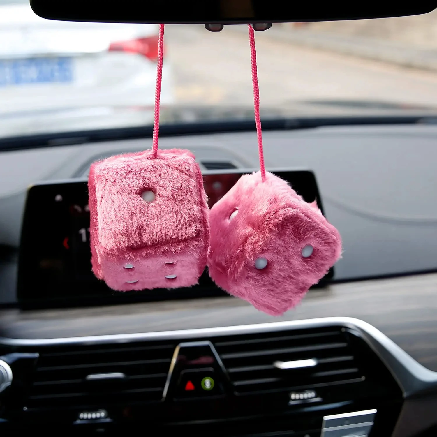 Pair of Retro Square Mirror Hanging Couple Fuzzy Plush Dice with Dots for Car Decoration (Pink)