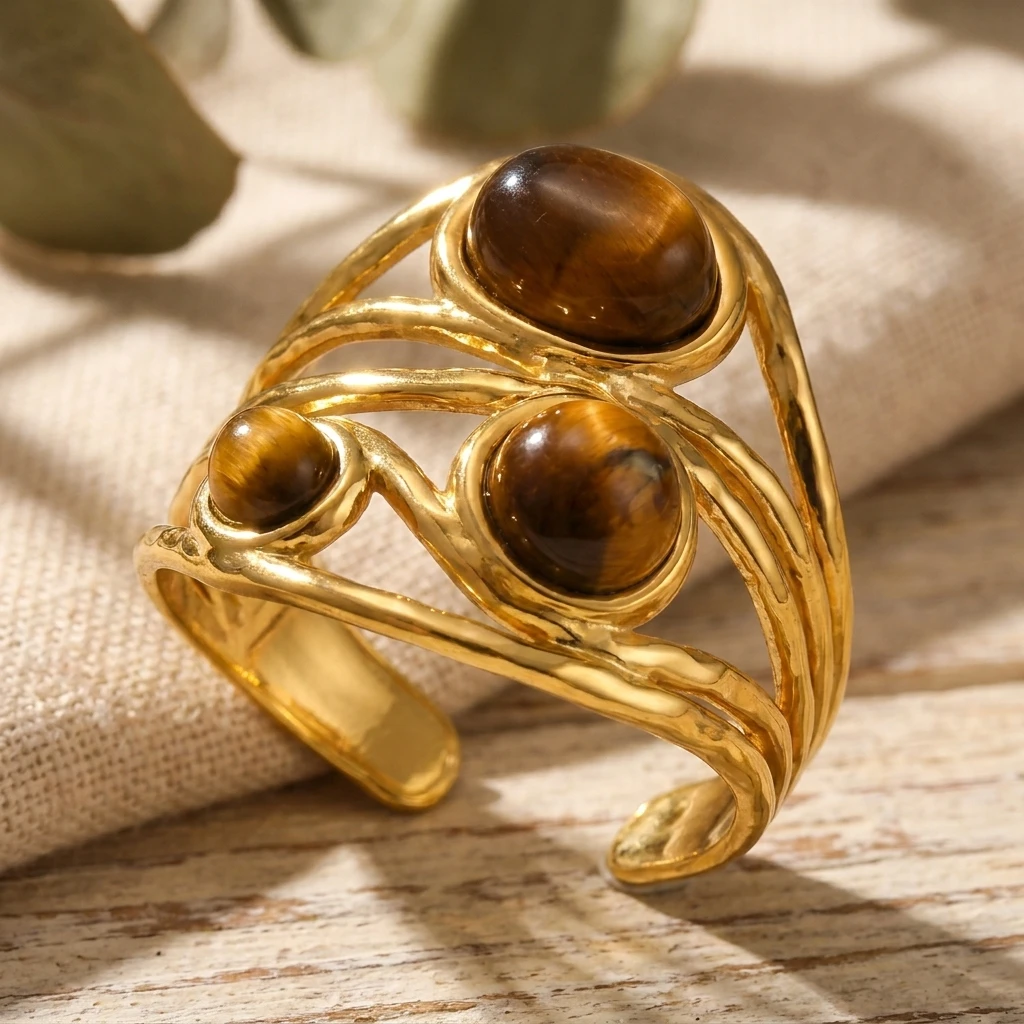Maillard Vintage Tigerauge Edelstahl-Steinring für Frauen Böhmischer Verstellbarer Vergoldeter Statement-Partyschmuck Geschenk – Detail 2