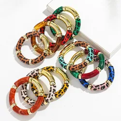 New Leopard Bamboo Tube Acrylic Bracelets for Women Men Retro Elastic Chunky Curved Resin Bracelet Bangle Stack Jewelry Gifts