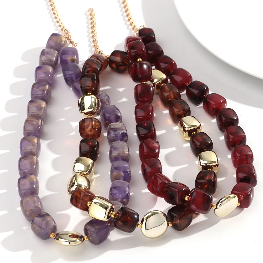2Pcs/Set Trendy Acrylic Square Beads Choker Necklace Bracelet Fashion Geometric Bead Necklaces for Women Jewelry Gifts