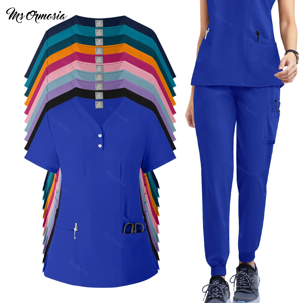 New Scrubs Set Medical Uniforms Stretch Scrub Tops With Pocket Pants Nurse Uniform Doctor Surgery Overalls Beauty Salon Workwear