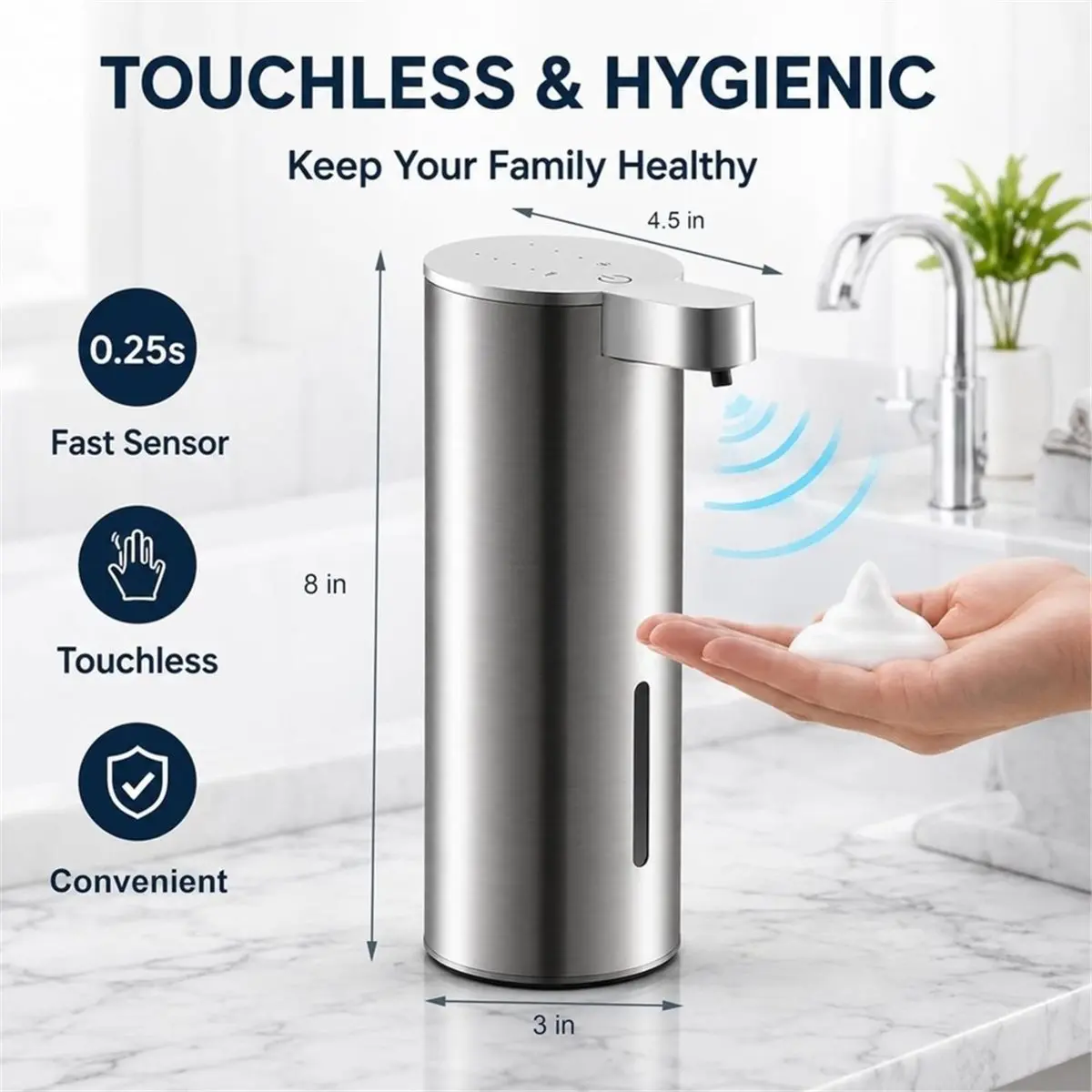 Automatic Foaming Hand Soap Dispenser, Rechargeable Stainless Steel Touchless Soap Dispenser, 4 Foam Levels, 350 ML