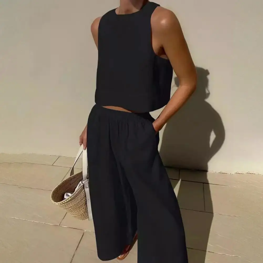 

2Pcs/Set Women Summer Outfit O-neck Sleeveless Vest Elastic High Waist Lady Long Pants Set Solid Color Thin Casual Outfit