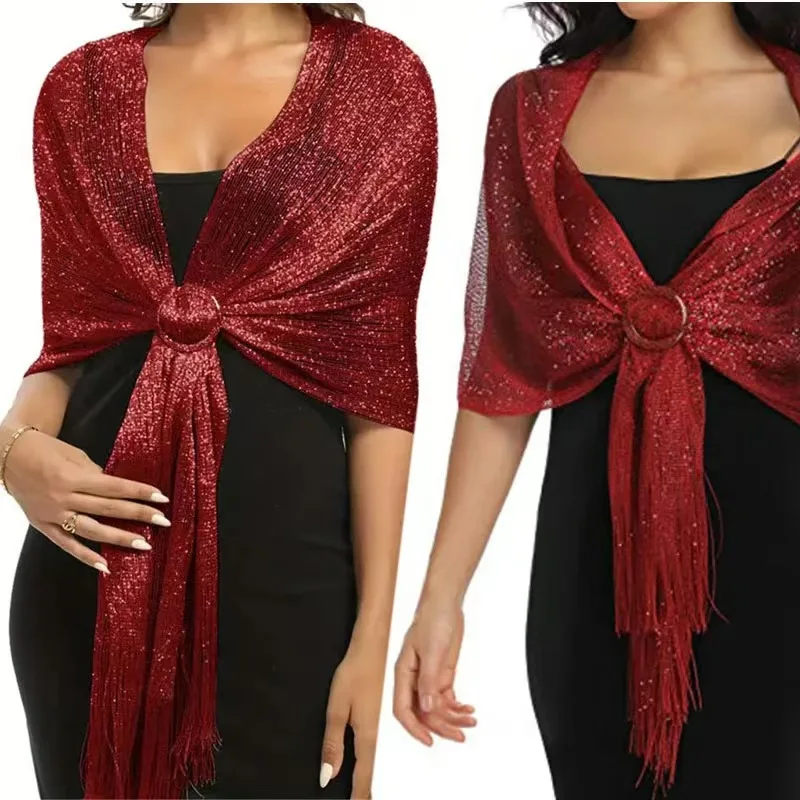 شالات شرابة بلون سادة للنساء شالات معدنية متألقة ويلتف بإبزيم لفساتين الحفلات المسائية وحفلات الزفاف