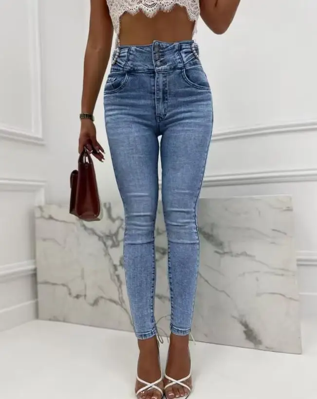 

Women Casual Style Denim Trousers 2024 Spring Summer Latest Fashion Versatile Pearls Decor Button Zipper High Waist Skinny Jeans