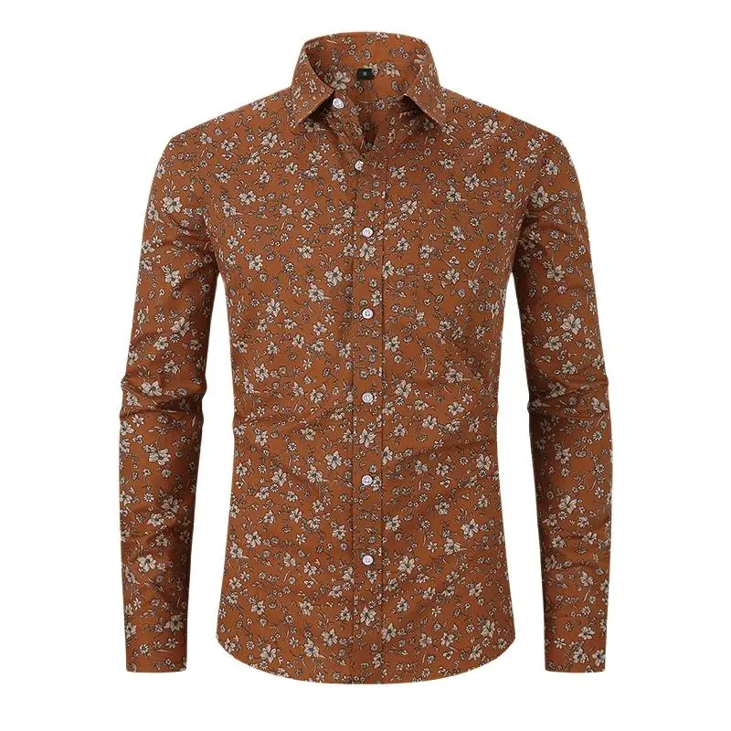 US Size Men\'s Floral Print Shirts Long Sleeve Casual Shirts Flower Printing Polyester Thin Hawaiian Regular Loose Men Shirt