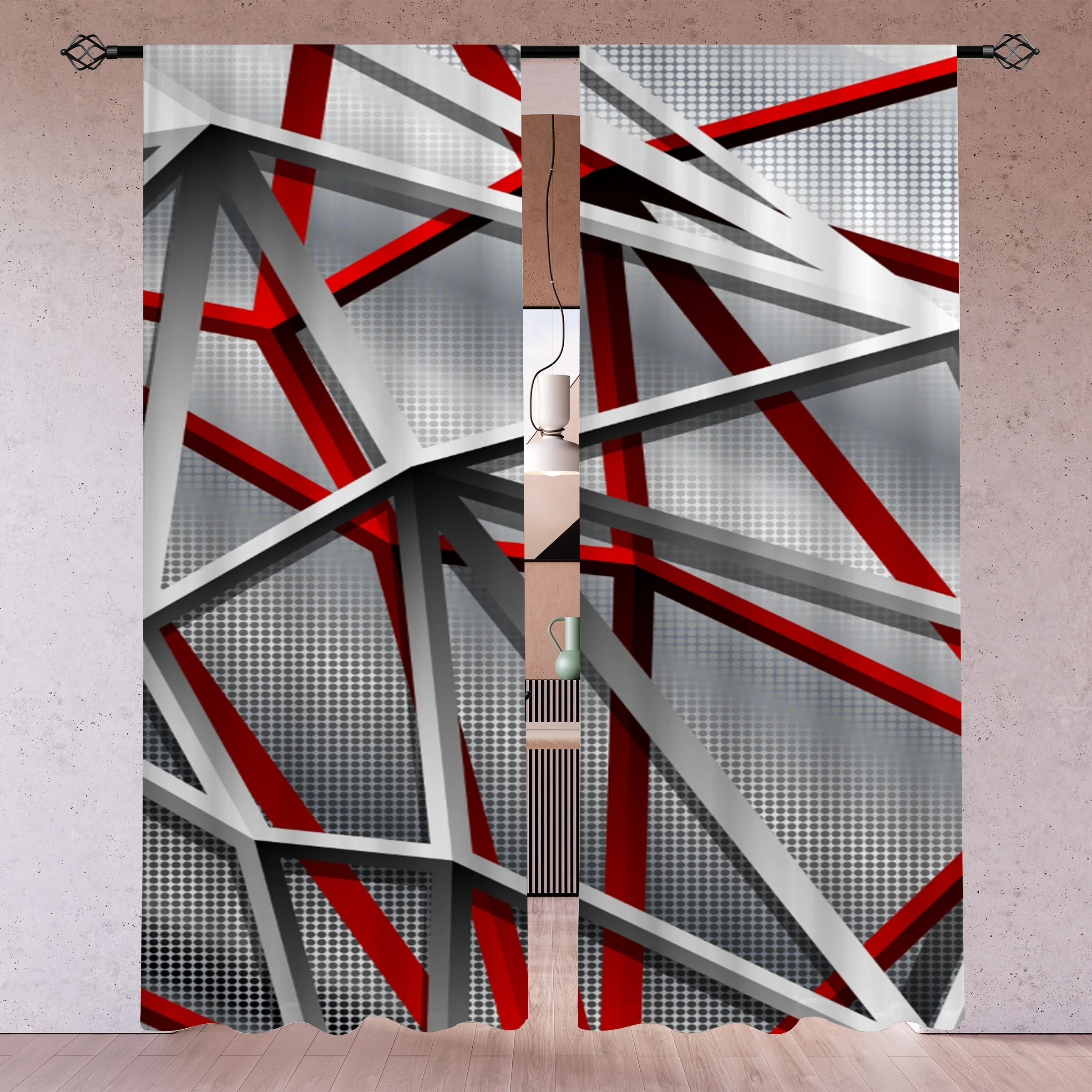 3D Abstract Geometric Curtain, Red Silver Metal Beam Print Drape, Modern Industrial Window Treatment for Living Room Home Decor