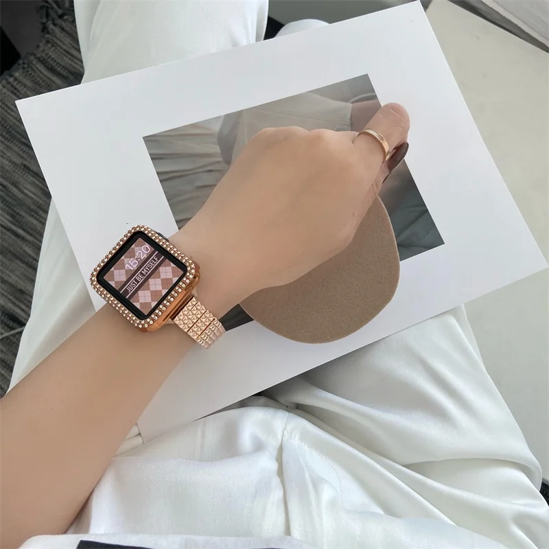 حزام ساعة معدني من الفولاذ المقاوم للصدأ ذو سلسلة ضيقة منقوشة لسلسلة ساعات Apple Watch 7/6/5/4/se/3/2/1