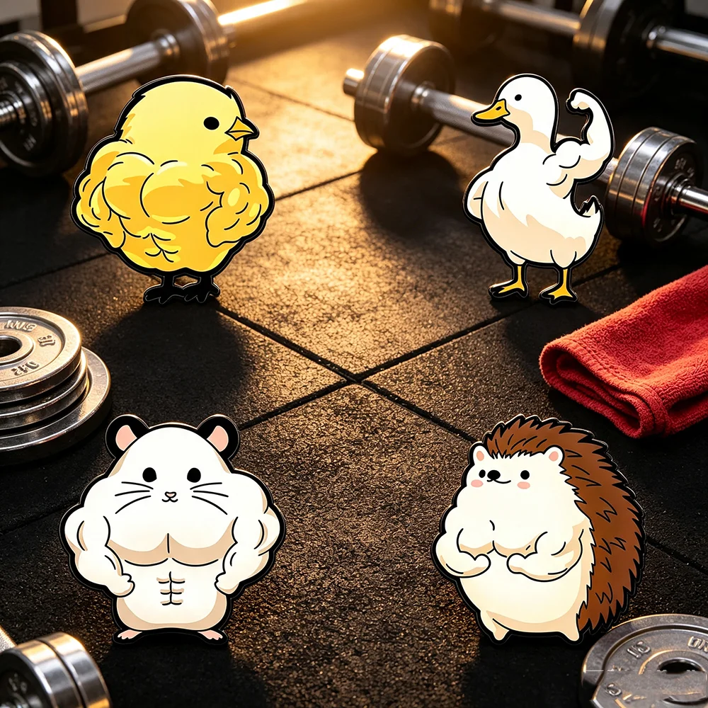 4pcs Cartoon Fitness Animal Enamel Brooch Set Muscle Duck Hamster Hedgehog Pins Funny Gym Workout Gift for Fitness Enthusiasts