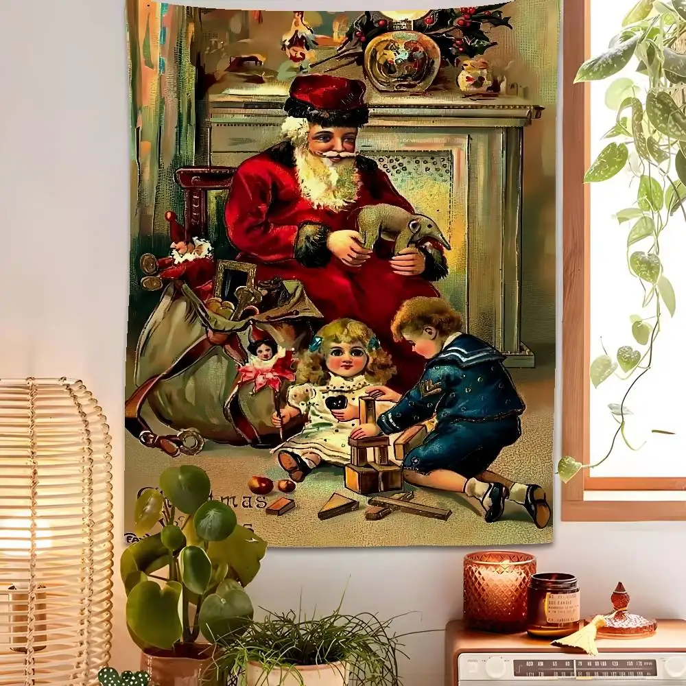 

Retro Christmas Santa Claus Tapestry Bedroom Living Bar Garden Outdoor Microfiber Festival Decoration Background Art Banner