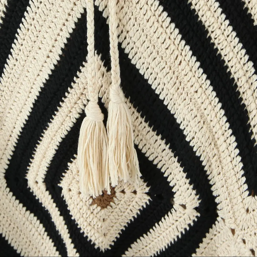 2025 Beige met zwarte geruite handgemaakte gehaakte lange rok strik vetersluiting bandage taille swing onregelmatige skater