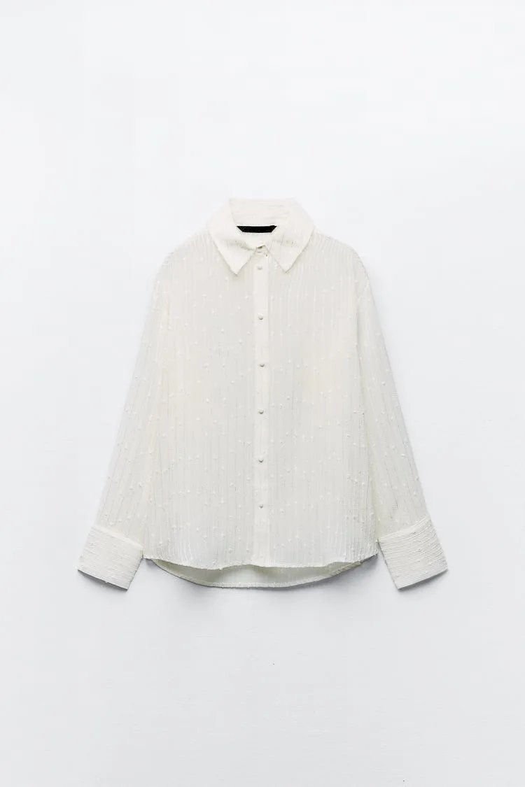 Women's Swiss Dot Long Sleeve Buttoned Top Autumn New Line Striped Lapel Loose Shirt Semi Transparent Sequin Shirt for Women