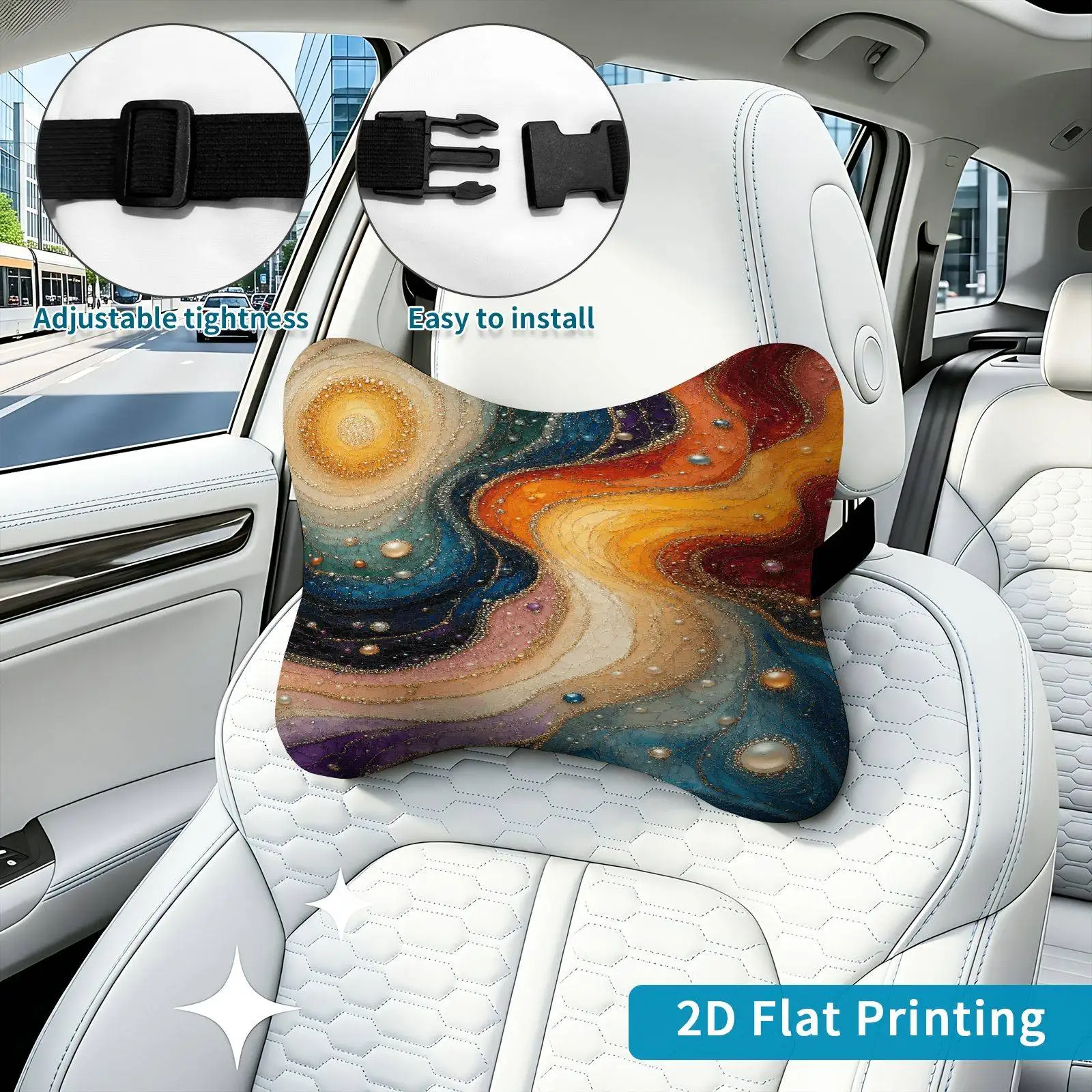 2pcs Galaxy Abstract Colorful Car Seat Headrest, Neck Support Cushion, Suitable For All Seasons Of Car Additions, Nebula Theme,