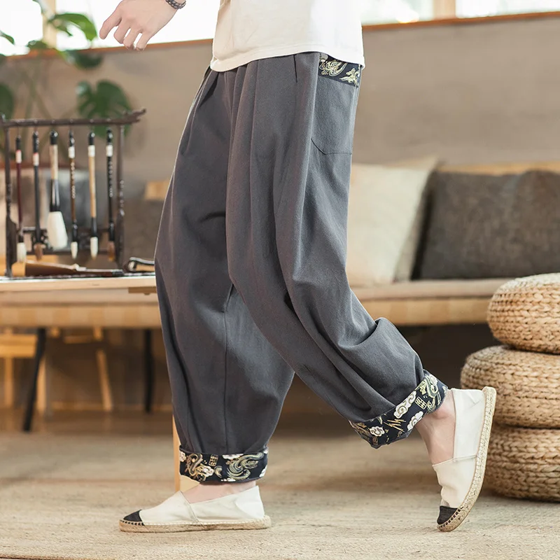 Chinese Style Loose Plus Size Casual Trousers Men Clothing Ethnic Style Patchwork Cotton Linen Oversized Harem Pants Male