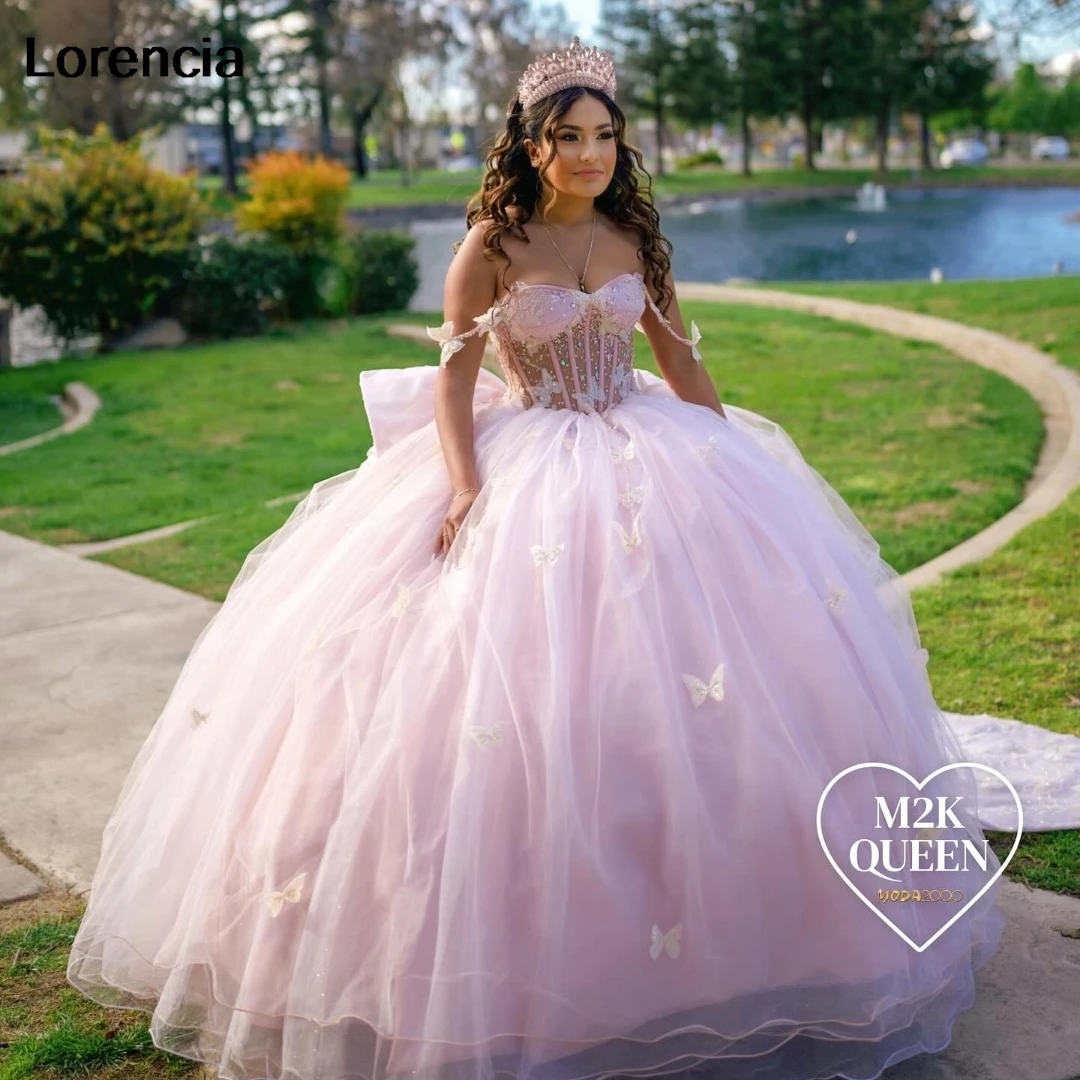 Lorencia Mexicaanse Roze Quinceanera Jurk Baljurk Kanten Vlinder Applique Kralen Corset Sweet 16 Vestidos De 15 Años Yqd892