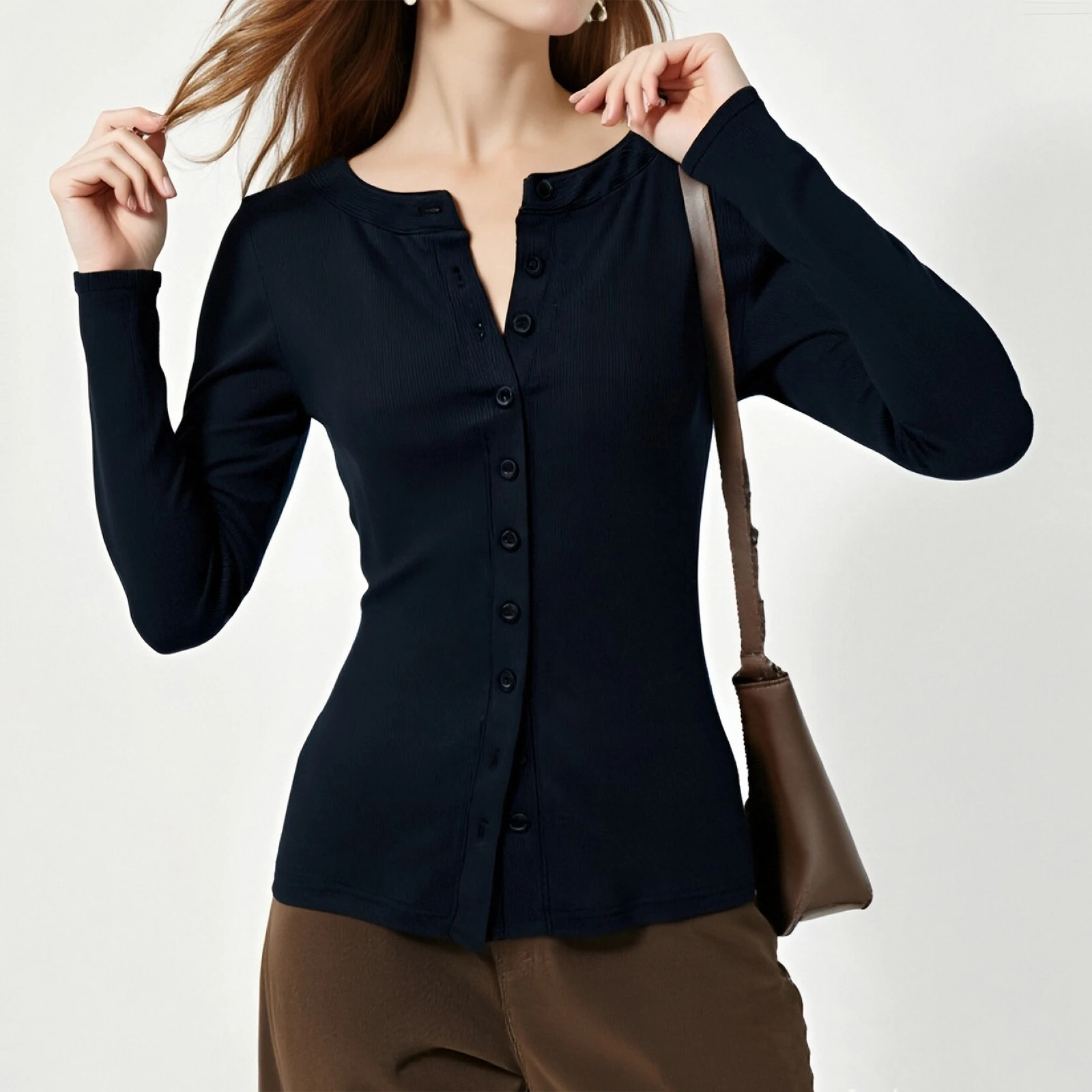 Women Basic Bodycon Cardigan Slim Fit Solid Color Crew Neck Long Sleeve Button-up Tops Casual Fall Clothes