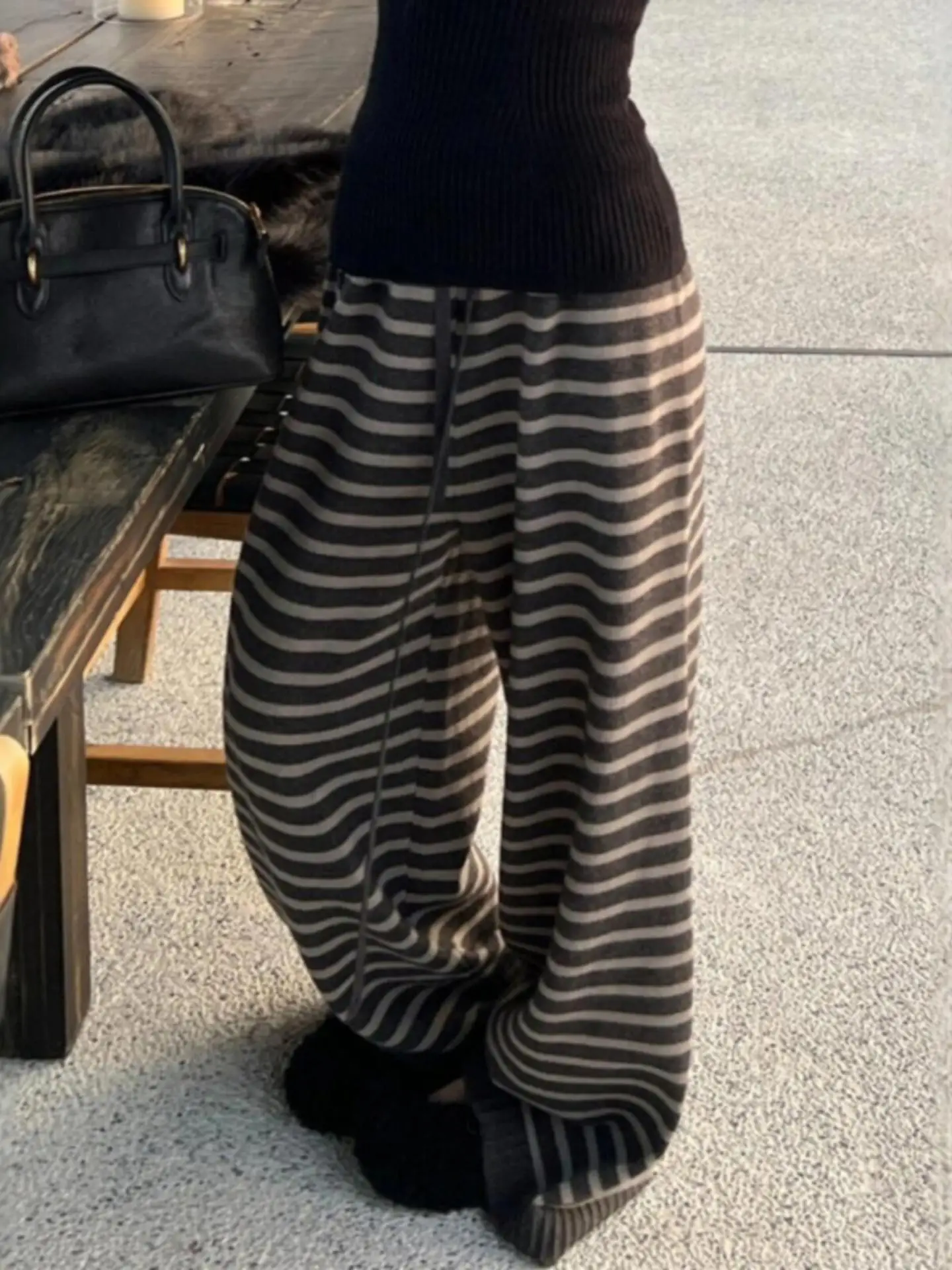 Ladies High Waist Knitted Wide Leg Pants Striped Loose Fit Draped Style Autumn Winter Fashion Casual Trousers Long Gown