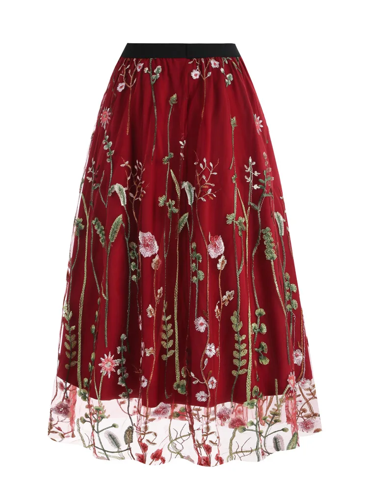 Tonval Floral Embroidered Mesh Overlay Lined Long Skirt Elastic Waist Women Elegant Festival Outfit Summer Vintage Skirts