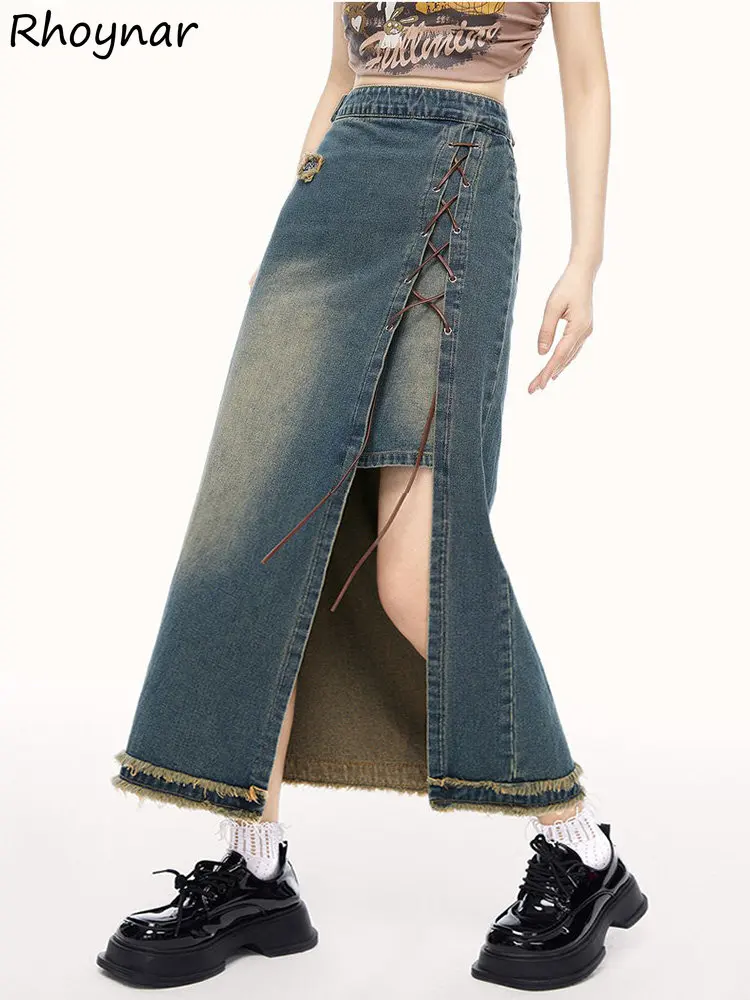 S-4XL Bandage Skirt Women Personality Chic American Style Vintage Cool Ripped Hip Hop Streetwear Irregular High Waist Denim Sexy