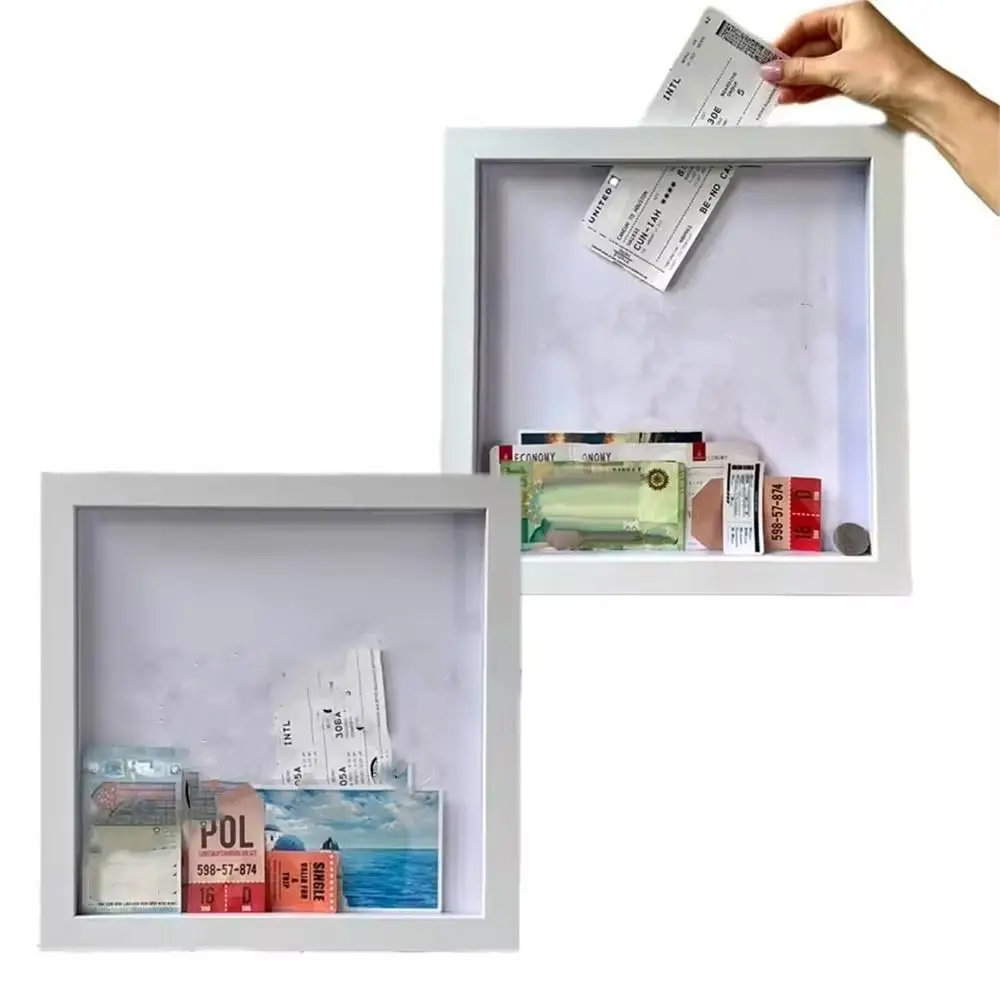 Simple Wooden Adventure Archive Box Square Transparent Ticket Shadow Box with Slot Travel Shadow Box Tabletop