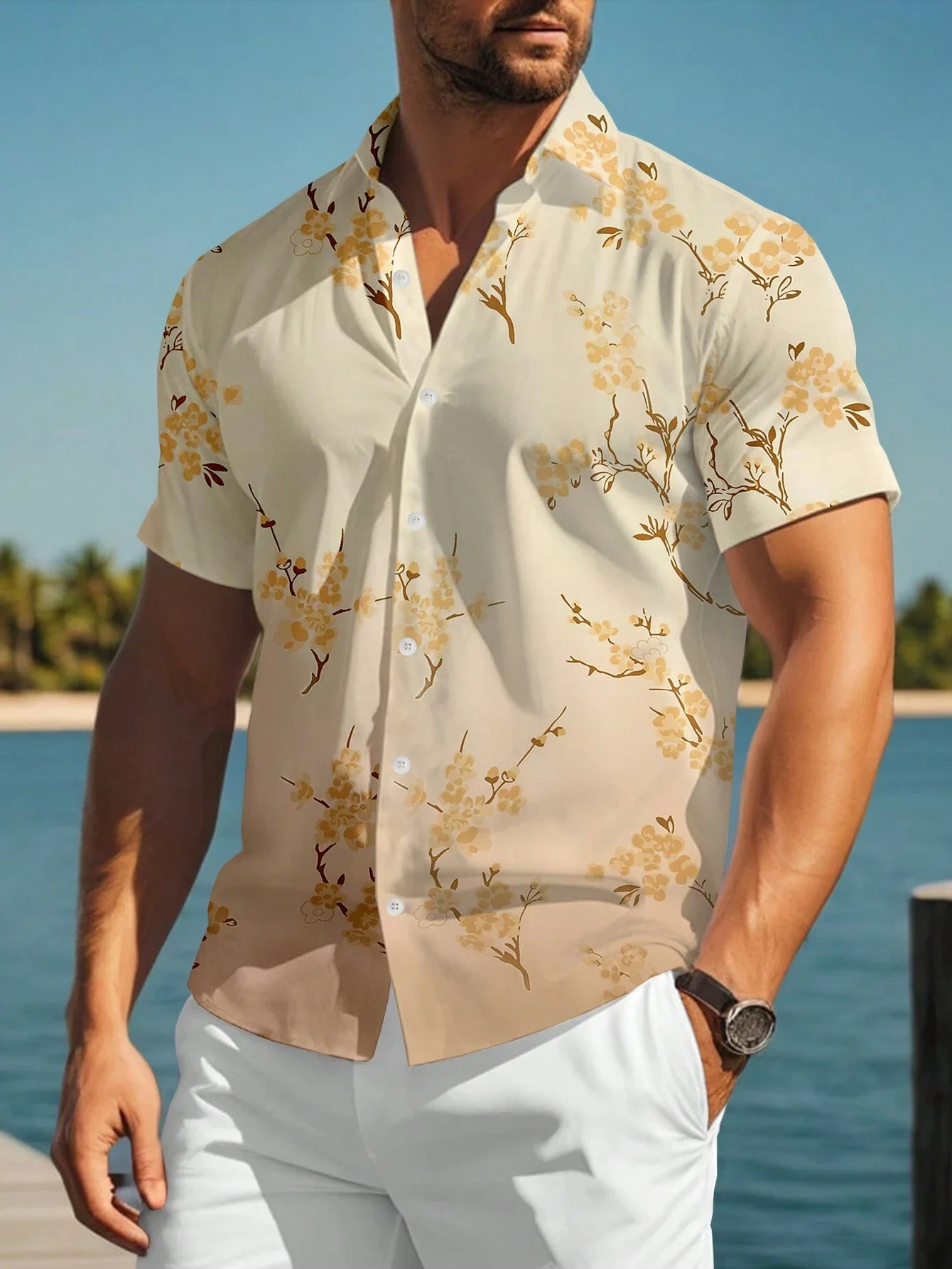 Camisa havaiana de botões masculina, estampa floral, manga curta, corte floral irregular, casual e de férias, verão