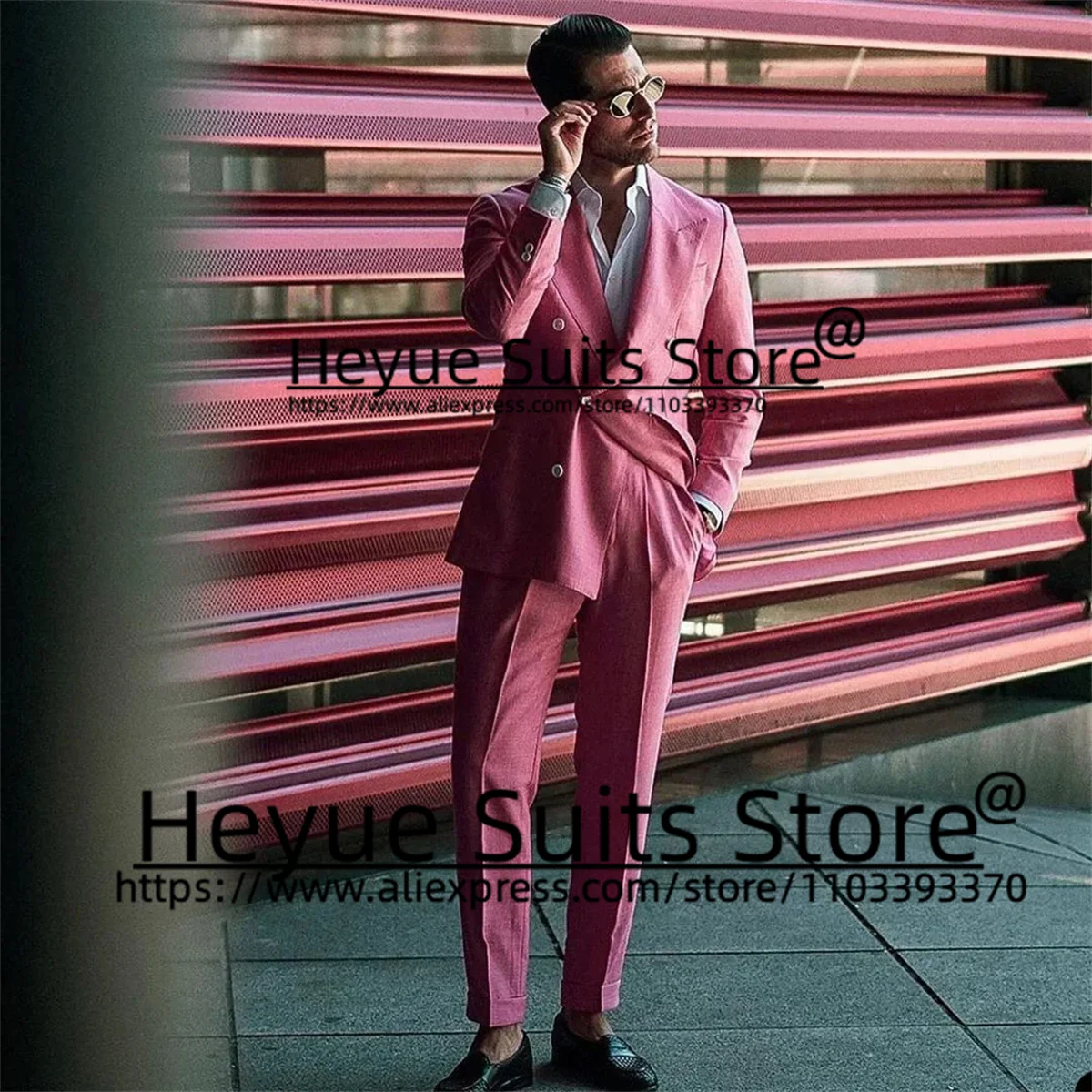 Pink Fashion Handsome Men Suits Slim Fit Peak Lapel Groom Formal Tuxedos Prom 2 Pieces Sets Casual Male Blazer Costume Homme