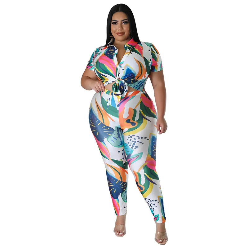 Plus Size Printed Two Piece Set Short Sleeve Lace Up Crop Top Pants 2 Piece Set Casual Streetwear Suit Summer Women Clothes 2023