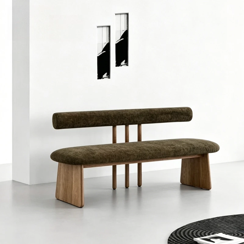 Chinese solid wood bench, minimalist household, fabric backrest, double three-person bench