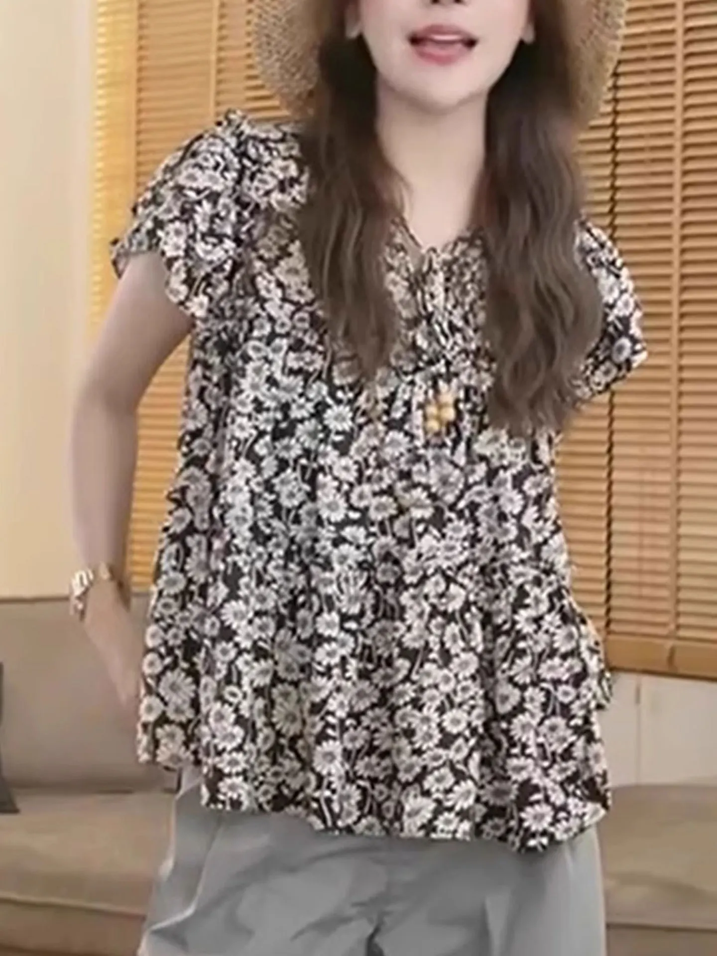 

Женская летняя блузка из шифона с цветочным принтом в корейском стиле, дышащая, повседневная, с коротким рукавом и круглым вырезом