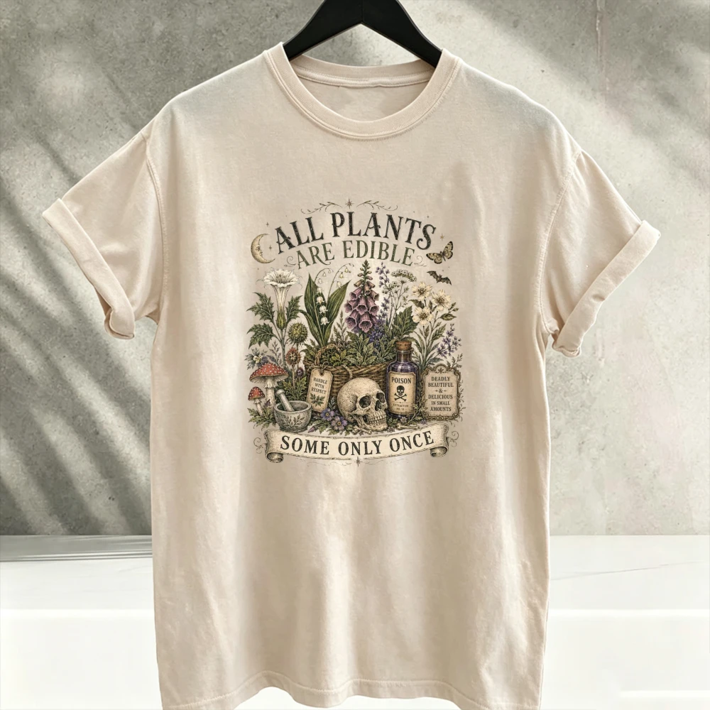 Vintage Witch Apothecary T-Shirt Skull Mushroom Bane Bottle Mortar Pestle All Plants Are Edible Some Only Once Dark Humor Tee