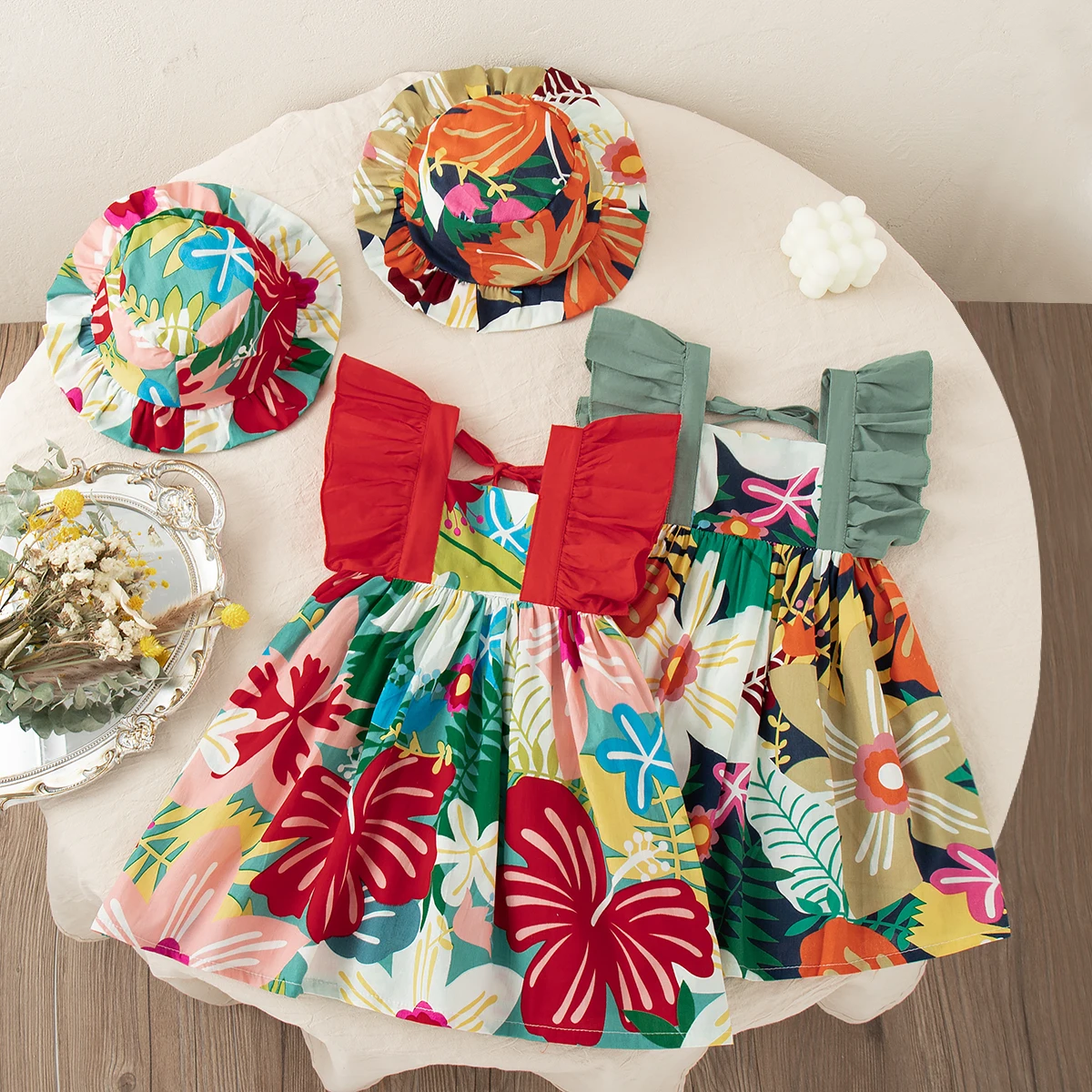 

(0-3 Year Old Baby Girl Dress) Summer New Flower Leaf Ruffled Sleeve Children'S Sleeveless Clothes, Free Hat Included