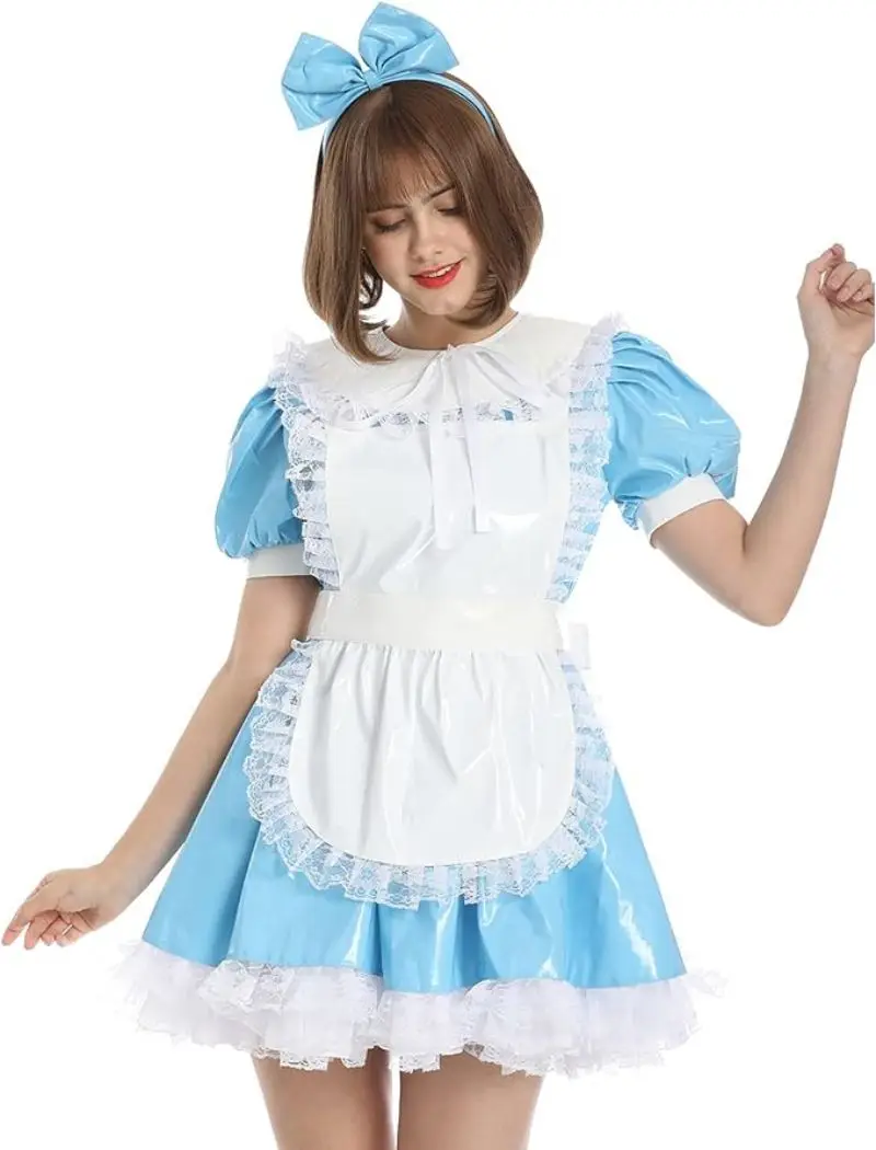 

French Sexy Adult Customized Fetishism Crossdressing Sissy Sky Blue PVC Fluffy Bubble Sleeves Independent Cross Apron Dress